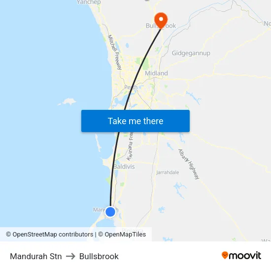 Mandurah Stn to Bullsbrook map