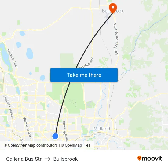 Galleria Bus Stn to Bullsbrook map
