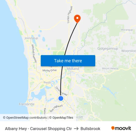 Albany Hwy - Carousel Shopping Ctr to Bullsbrook map