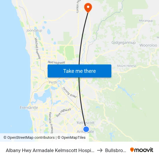 Albany Hwy Armadale Kelmscott Hospital to Bullsbrook map