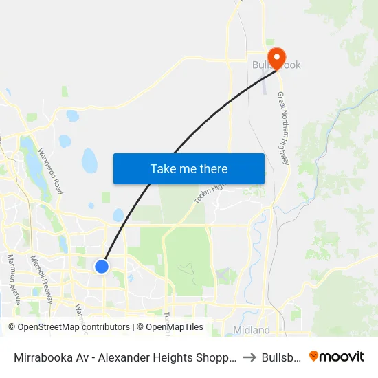 Mirrabooka Av - Alexander Heights Shopping Ctr Stand 2 to Bullsbrook map