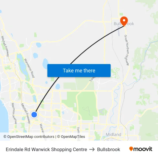 Erindale Rd Warwick Shopping Centre to Bullsbrook map