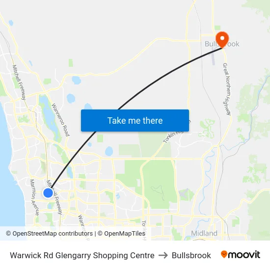 Warwick Rd Glengarry Shopping Centre to Bullsbrook map