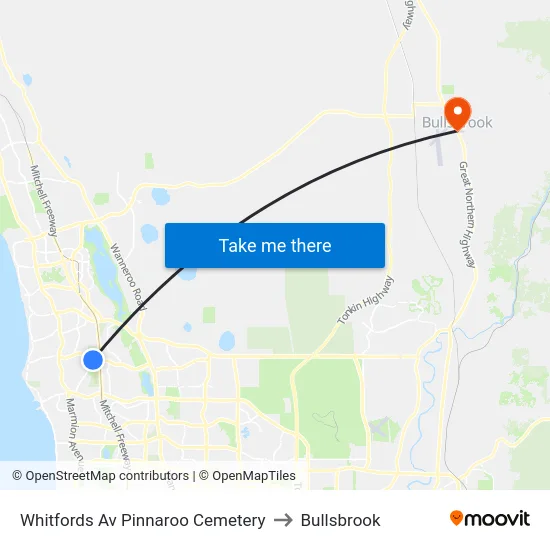 Whitfords Av Pinnaroo Cemetery to Bullsbrook map