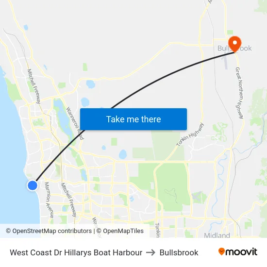 West Coast Dr Hillarys Boat Harbour to Bullsbrook map