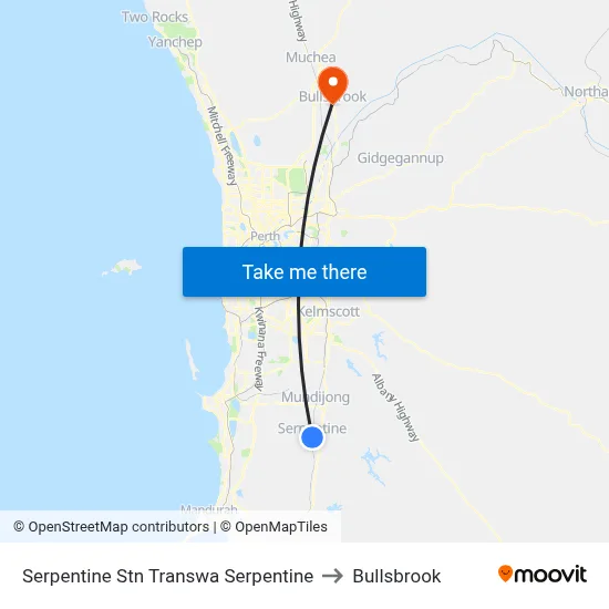 Serpentine Stn Transwa Serpentine to Bullsbrook map