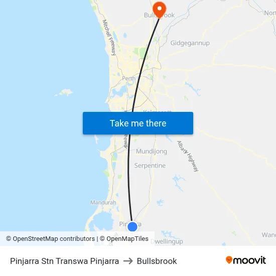 Pinjarra Stn Transwa Pinjarra to Bullsbrook map