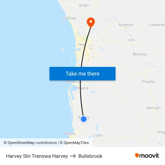 Harvey Stn Transwa Harvey to Bullsbrook map