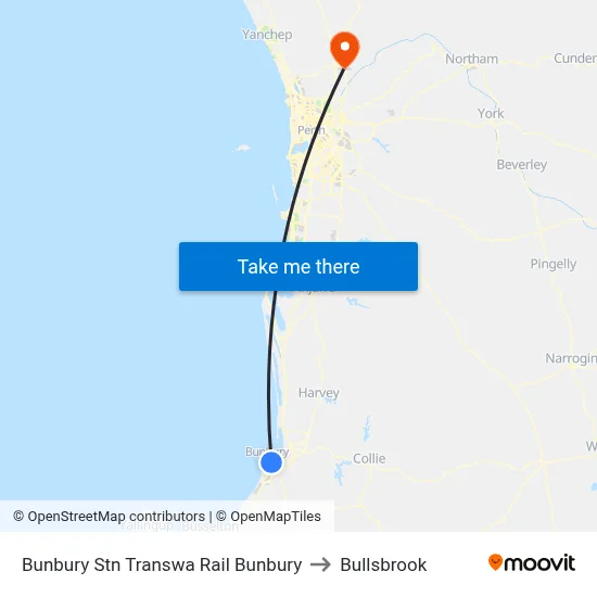 Bunbury Stn Transwa Rail Bunbury to Bullsbrook map