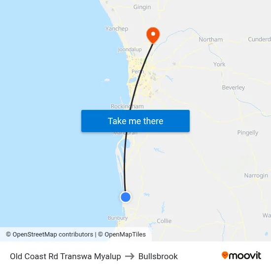 Old Coast Rd Transwa Myalup to Bullsbrook map
