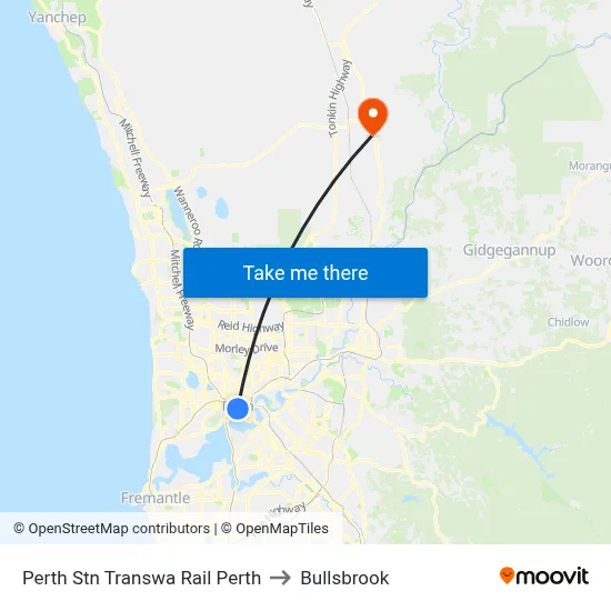 Perth Stn Transwa Rail Perth to Bullsbrook map