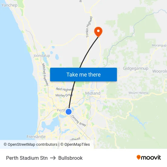 Perth Stadium Stn to Bullsbrook map