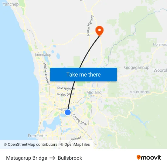 Matagarup Bridge to Bullsbrook map