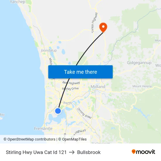 Stirling Hwy Uwa Cat Id 121 to Bullsbrook map