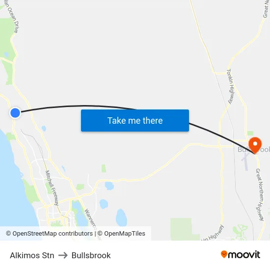 Alkimos Stn to Bullsbrook map