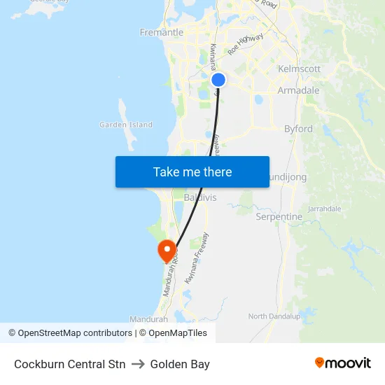 Cockburn Central Stn to Golden Bay map