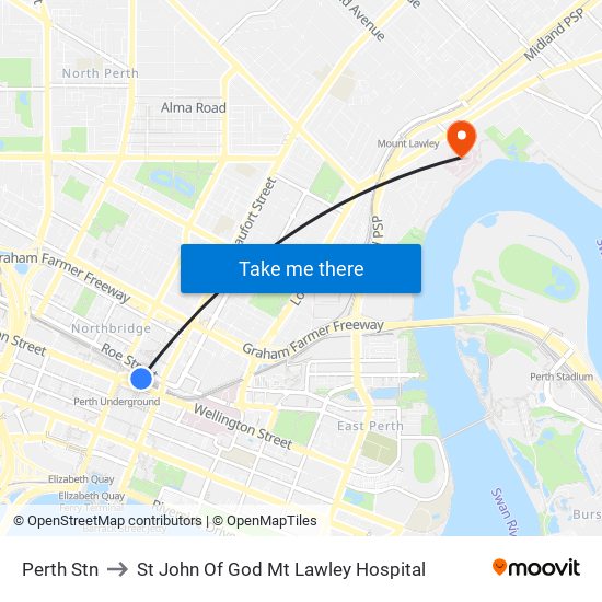 Perth Stn to St John Of God Mt Lawley Hospital map