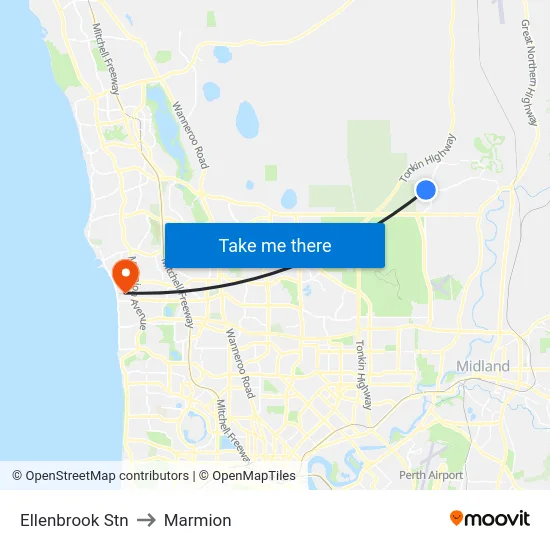Ellenbrook Stn to Marmion map