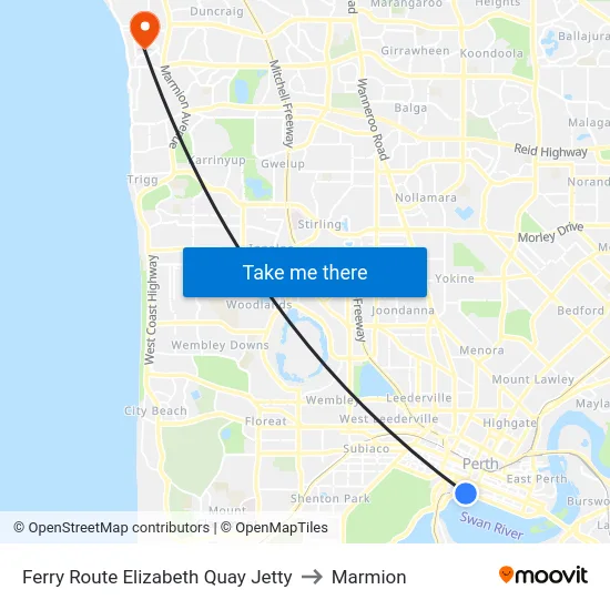 Ferry Route Elizabeth Quay Jetty to Marmion map