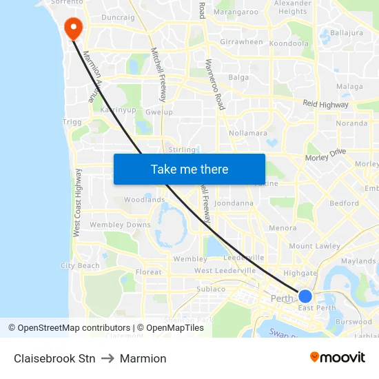 Claisebrook Stn to Marmion map