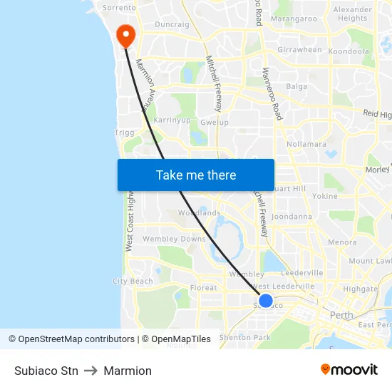 Subiaco Stn to Marmion map