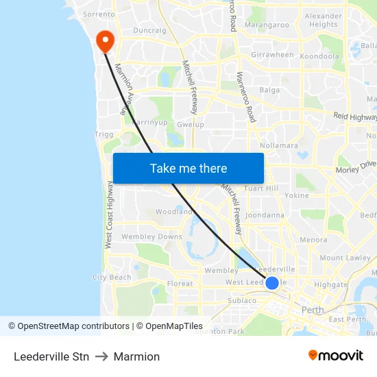 Leederville Stn to Marmion map