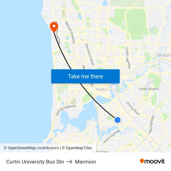 Curtin University Bus Stn to Marmion map
