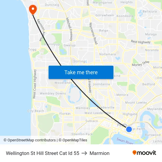 Wellington St Hill Street Cat Id 55 to Marmion map