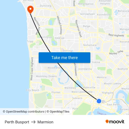 Perth Busport to Marmion map