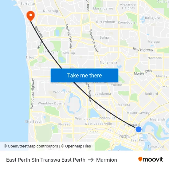 East Perth Stn Transwa East Perth to Marmion map