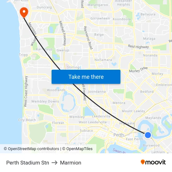 Perth Stadium Stn to Marmion map