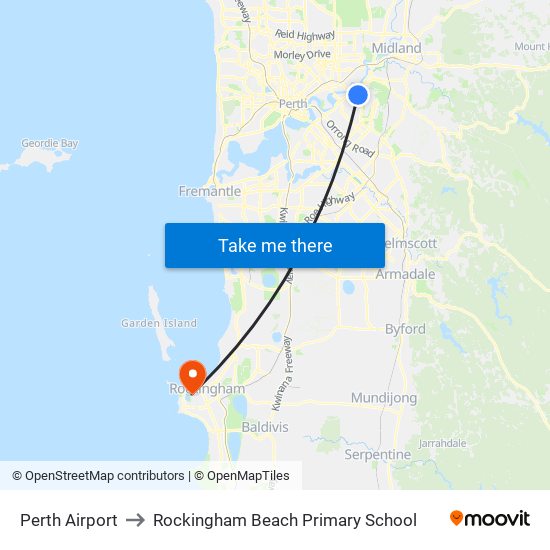 Perth Airport to Rockingham Beach Primary School map