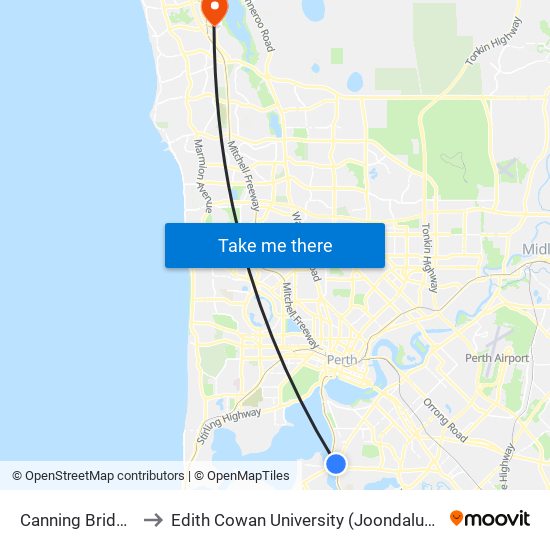 Canning Bridge Stn to Edith Cowan University (Joondalup Campus) map