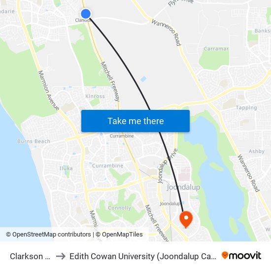 Clarkson Stn to Edith Cowan University (Joondalup Campus) map