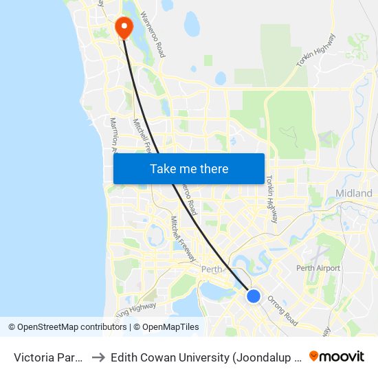 Victoria Park Stn to Edith Cowan University (Joondalup Campus) map