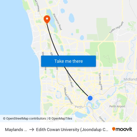 Maylands Stn to Edith Cowan University (Joondalup Campus) map