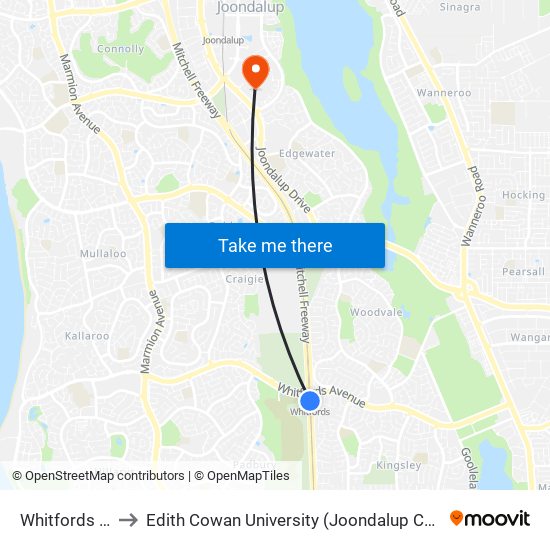 Whitfords Stn to Edith Cowan University (Joondalup Campus) map