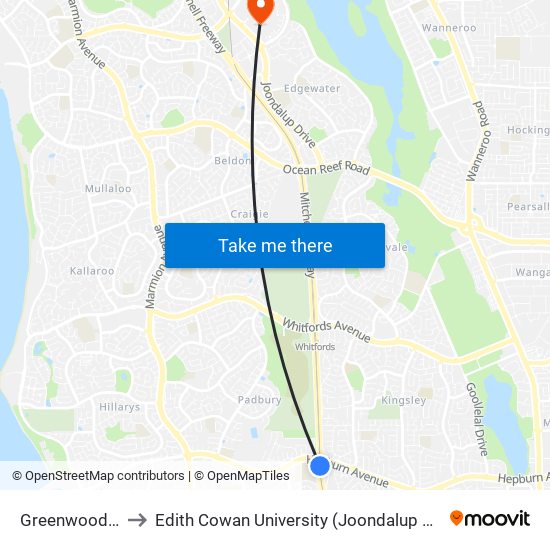 Greenwood Stn to Edith Cowan University (Joondalup Campus) map