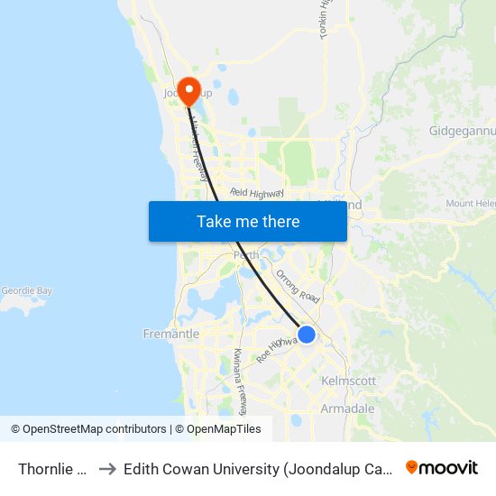 Thornlie Stn to Edith Cowan University (Joondalup Campus) map