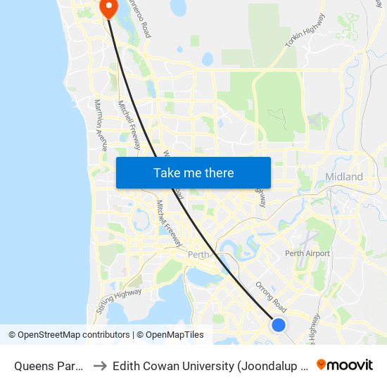 Queens Park Stn to Edith Cowan University (Joondalup Campus) map