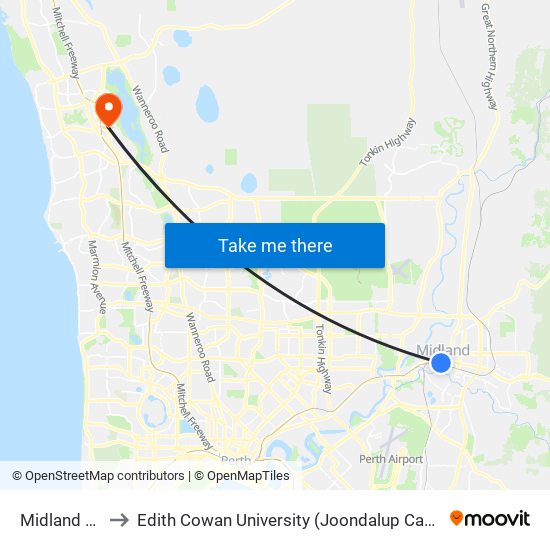 Midland Stn to Edith Cowan University (Joondalup Campus) map