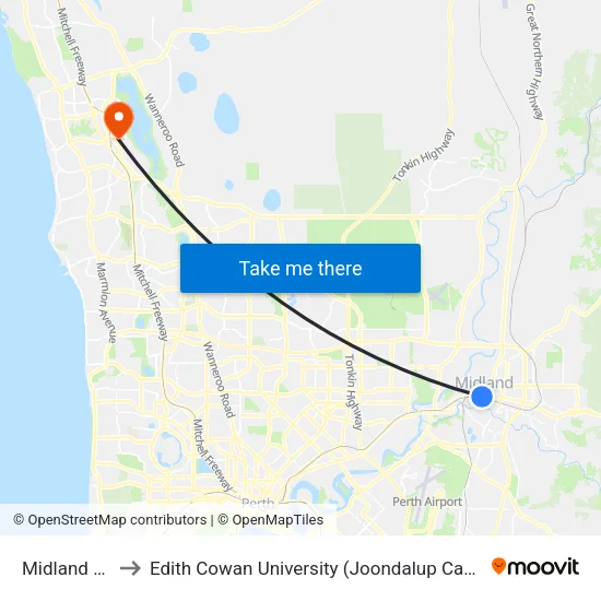 Midland Stn to Edith Cowan University (Joondalup Campus) map