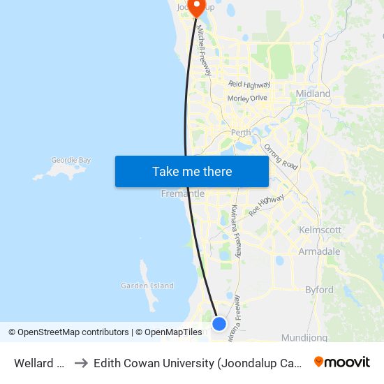 Wellard Stn to Edith Cowan University (Joondalup Campus) map