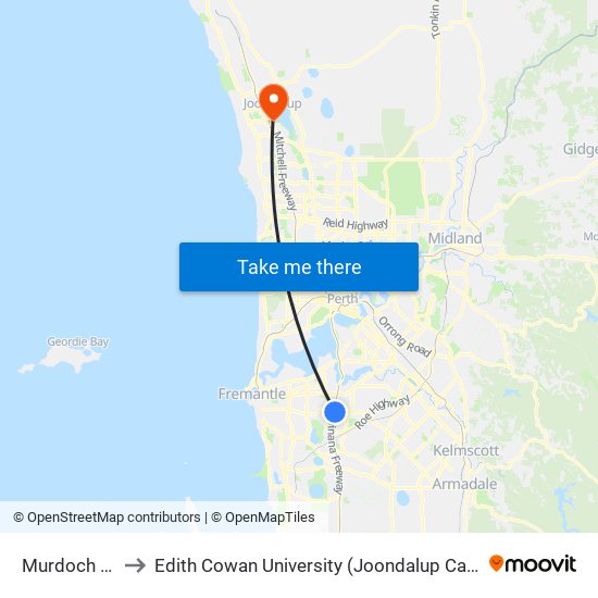 Murdoch Stn to Edith Cowan University (Joondalup Campus) map