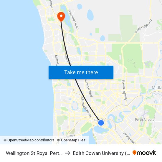 Wellington St Royal Perth Hospital Cat Id 69 to Edith Cowan University (Joondalup Campus) map