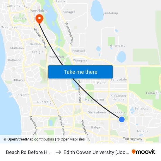 Beach Rd Before Honeywell Bvd to Edith Cowan University (Joondalup Campus) map