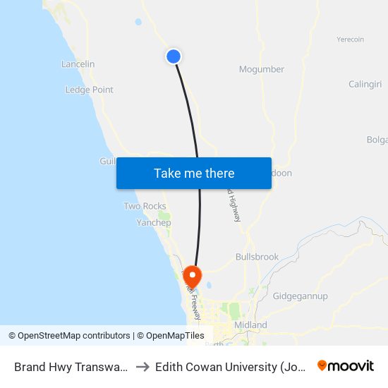 Brand Hwy Transwa Regans Ford to Edith Cowan University (Joondalup Campus) map