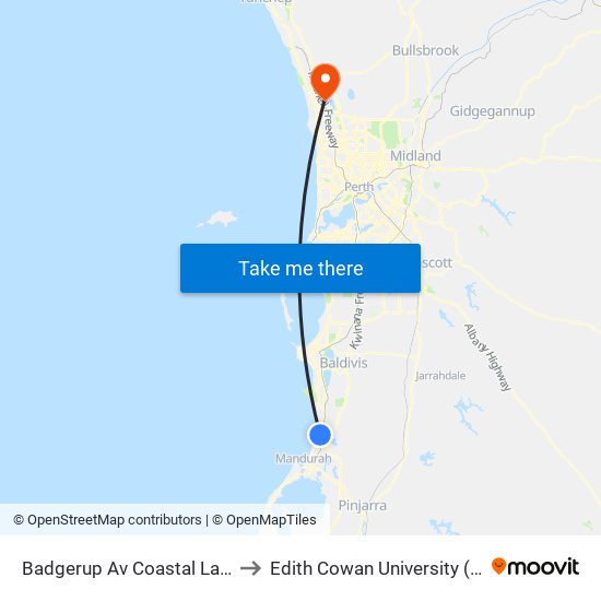 Badgerup Av Coastal Lakes College Stand 2 to Edith Cowan University (Joondalup Campus) map