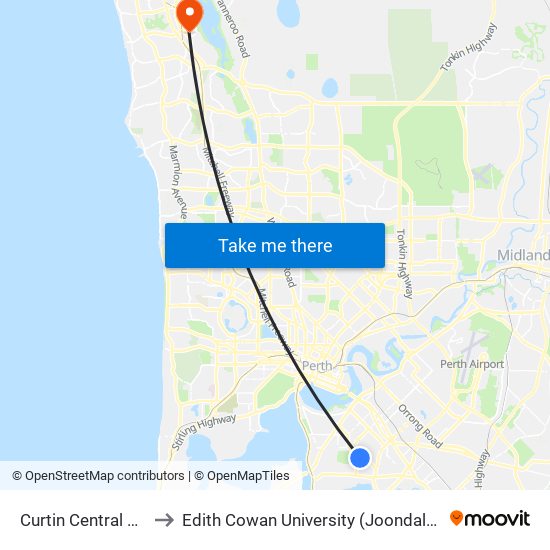 Curtin Central Bus Stn to Edith Cowan University (Joondalup Campus) map