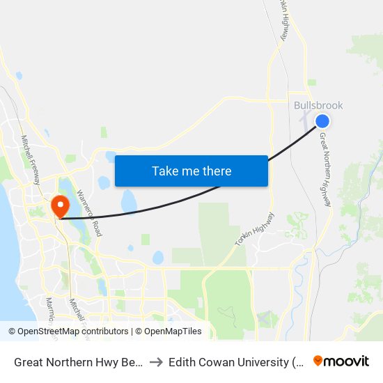 Great Northern Hwy Before Bullsbrook Rd to Edith Cowan University (Joondalup Campus) map